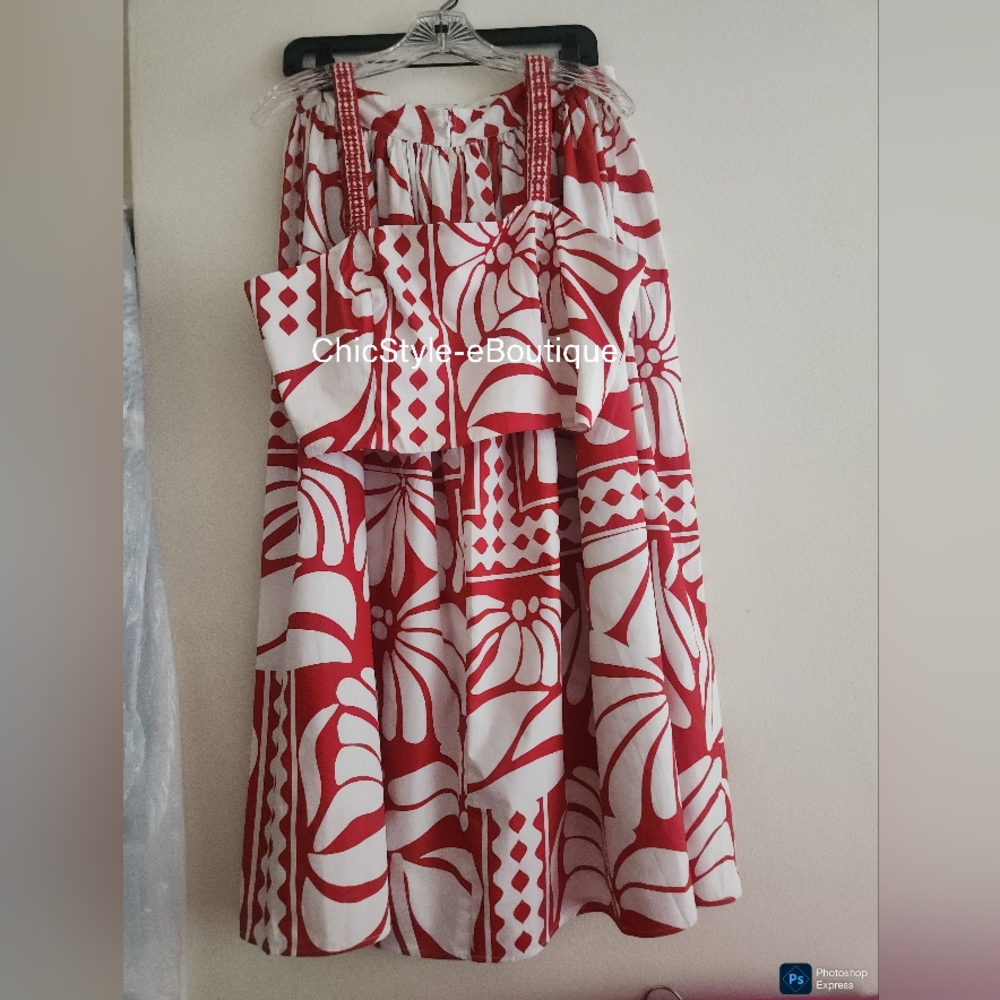 H&M Co-ord Set Poplin Crop Top XL + Maxi Skirt  10 Bright Red/white - Picture 2 of 13